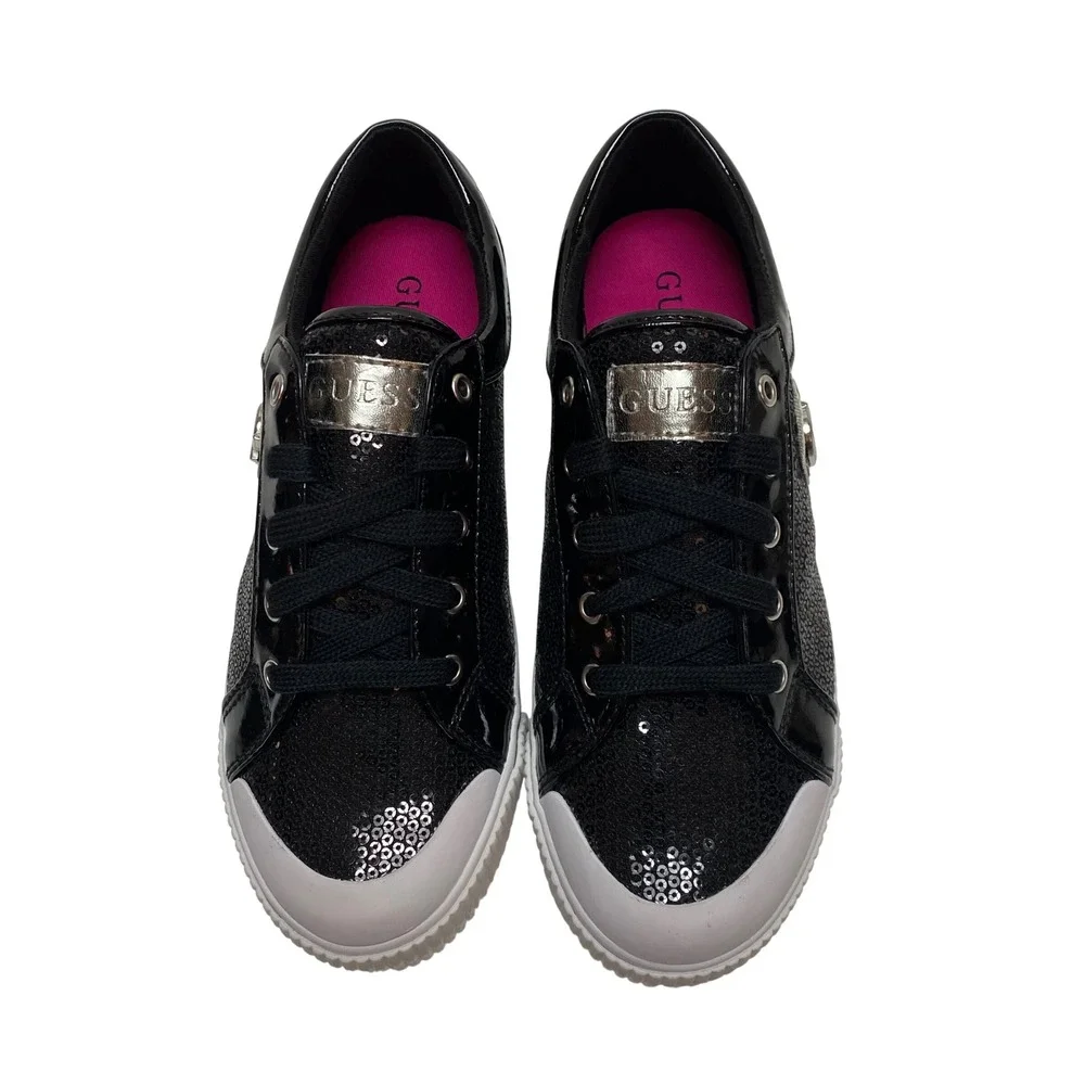 Guess Womens Black Sequin Low Top Sneakers Silver Logo Lace Up